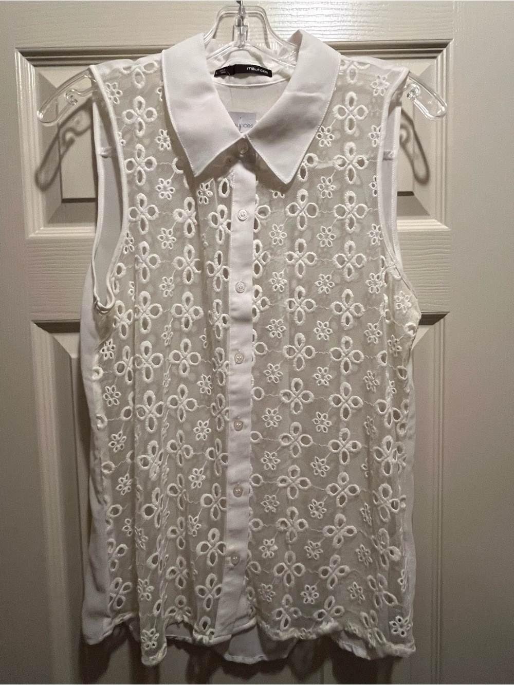maurices Women's L White Floral Lace Collared Sleeveless Sheer Button-Up Blouse